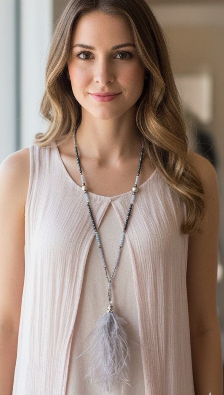 Elegant Beaded Necklace with Coque Feather Tassel